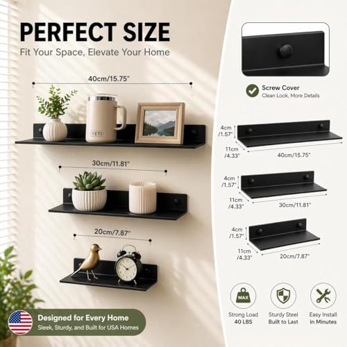 Z metnal Bathroom Shelf, Small Floating Wall Shelves, Decorative Ledge Shelf, Aluminum, Wall Mounted, Matt Black, 16/12/8 inch, 3 Packs - color: Black, size: 16/12/8 inch (3 Set)