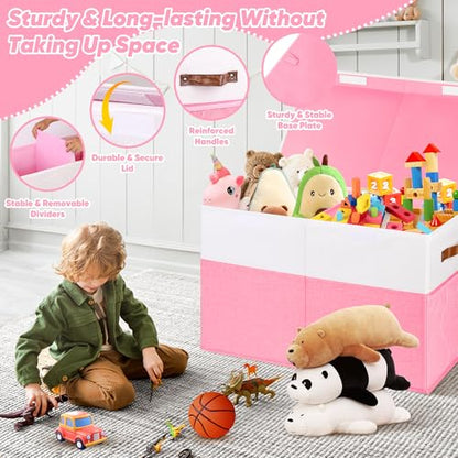 Mabahoo Large Toy Box, Collapsible Sturdy Storage Organize Chest Boxes With Lids, 25"x13"x16" Kids Toy Chest Bin Baskets for Living Room, Bedroom, Nursery, White & Pink - color: White and Pink