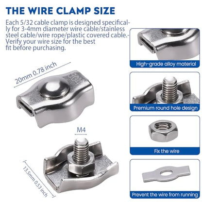 20PCS 5/32 Inches M4 304 Stainless Steel Wire Rope Cable Clip Clamp, Reusable Simplex Single Bolt Wire Rope Clips for 1/8Inch (1.5mm-3mm) Diameter Wire Cable/Wire Rope, Wire Clamp Tool for Outdoors - size: 20PCS-M4(3mm-4mm)