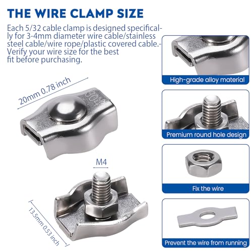 20PCS 5/32 Inches M4 304 Stainless Steel Wire Rope Cable Clip Clamp, Reusable Simplex Single Bolt Wire Rope Clips for 1/8Inch (1.5mm-3mm) Diameter Wire Cable/Wire Rope, Wire Clamp Tool for Outdoors - size: 20PCS-M4(3mm-4mm)