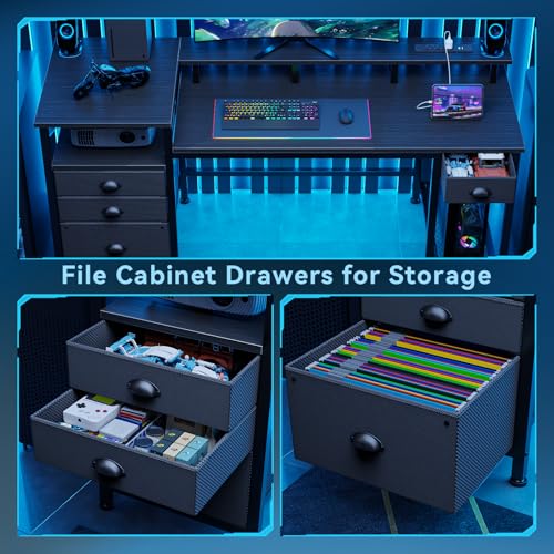 Furologee 60" Black Computer Desk with 4 Drawers and Printer Space, Gaming Desk with LED Lights and USB Power Outlets, Home Office Desk with Fabric File Cabinet,Study Work Table with Shelf for Bedroom - color: Black
