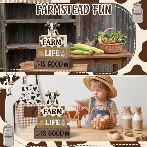 4 Pcs Farm Life Kitchen Table Decor for Home Black and White Cow Stacked Wood Sign Farmhouse Cow Country Tiered Tray Decor Farm Rustic Dairy Kitchen Decorations for Shelf Mantel Table - style: Black and White Cow