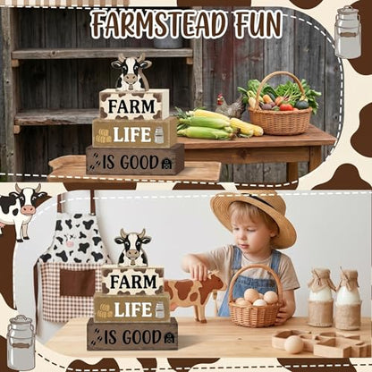 4 Pcs Farm Life Kitchen Table Decor for Home Black and White Cow Stacked Wood Sign Farmhouse Cow Country Tiered Tray Decor Farm Rustic Dairy Kitchen Decorations for Shelf Mantel Table - style: Black and White Cow