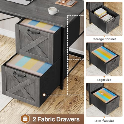SEDETA L Shaped Gaming Desk, Reversible Computer Desk with Fabric Drawers and Power Outlet, Gaming Desk with Led Lights, Hutch and Storage Shelf for Home Office, Grey - color: Grey
