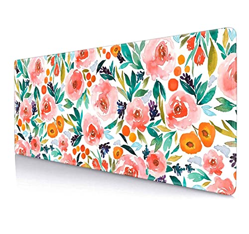 IMAYONDIA Large Floral Gaming Mouse Pad Mat with Stitched Edges, Extended Mousepad, Non-Slip Rubber Base Keyboard Pad, Desk Pad for Gamer, Office, (31.5” x 11.8” x 0.12”) - Watercolor Rose Flowers - color: Pink Rose Flowers