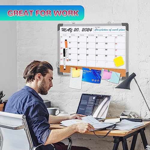 Monthly Calendar Whiteboard for Wall, 24x18 Inches Dry Erase Board with Cork Board Combo, Magnetic White Board, Double-Sided Hanging Portable Board for Office School Home Kitchen Planner Memo - style: Whiteboard 24x18 Silver