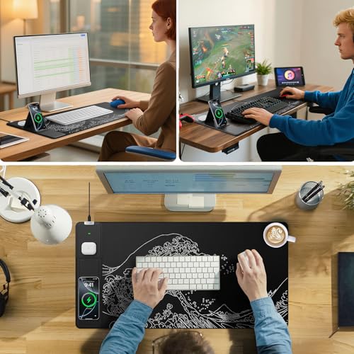 Wireless Charging Mouse Pad with Foldable Phone Holder, 31.5"x15.8" Large Desk Mat for Laptop/Keyboard, Waterproof Ultra-Smooth Surface, Non-Slip Base, Black Wave - color: Black Wave-31.5"x15.8"-Phone Holder