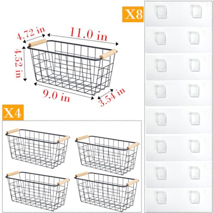 Black Metal Hanging Baskets with Handle, Wire Wall Storage Organizer with Hooks, Adhesive baskets for Kitchen, Bathroom, Pantry,Spice Rack, Cabinet Organizer, Shower Caddy 4-Pack - size: 4 Pack