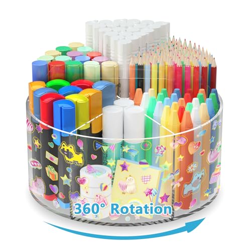 Acrylic Pen Holder with 2 Adhesive DIY Stickers, Desk Organizer Marker Holder with Cute Sticker, 360 Degree Office Supply Organizer Clear Pencil Holder Kid Art Supply Storage Organizer 6 Compartments - size: Large x2 sticker