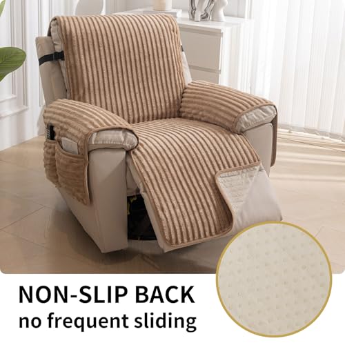 HAOMAIJIA Faux Fur Recliner Chair Covers Non-Slip Waterproof Recliner Covers That Stay in Place Warm Thick Lazy Boy Recliner Cover for Dogs Furniture Protector Pet Friendly (Khaki, 23'') - color: Khaki, size: 23''