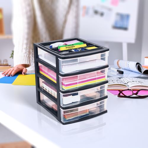 Gracious Living 4-Drawer Desktop and Countertop Storage Organizer Drawer Set, Plastic Office Desk Organizer, Black/Clear - size: 1 Pack