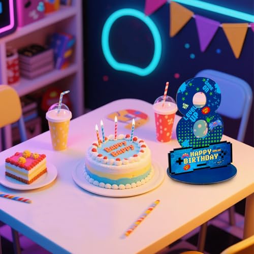 Video Game Birthday Party Decorations, Video Game Birthday Number Sign Centerpiece, 8th Table Topper Wooden Centerpiece for Gaming Theme 8th Birthday Supplies (8th) - style: 8th