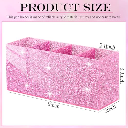 Jetec Acrylic Glitter Pink Pen Holder 4 Compartments Bling Makeup Brush Stationery Organizer Pencil Holder for Desk Accessories Sparkly Gifts for Women Back to School Birthday Desktop Workplace Office - color: Glitter Pink