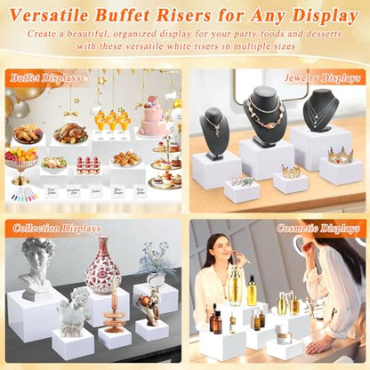 7Pcs White Acrylic Buffet Risers with Mini Sign and Marker, Food Display Risers for Party Catering Dessert Jewelry Collectibles,Acrylic Cube Nesting Boxes with Hollow Bottoms(8" 7.5" 7" 6.8" 6" 5" 5") - color: 8" 7.5" 7" 6.8" 6" 5" 5"