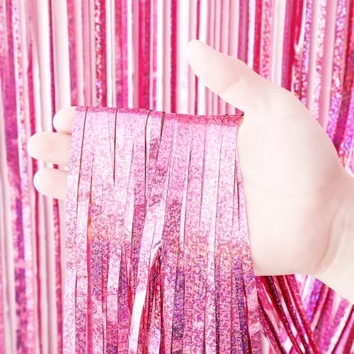 Voircoloria 3 Pack 3.3x8.2 Feet Laser Pink Foil Fringe Backdrop Curtains, Tinsel Streamers Birthday Party Decorations, Fringe Backdrop for Graduation, Baby Shower, Gender Reveal, Disco Party - color: 02 Laser Pink