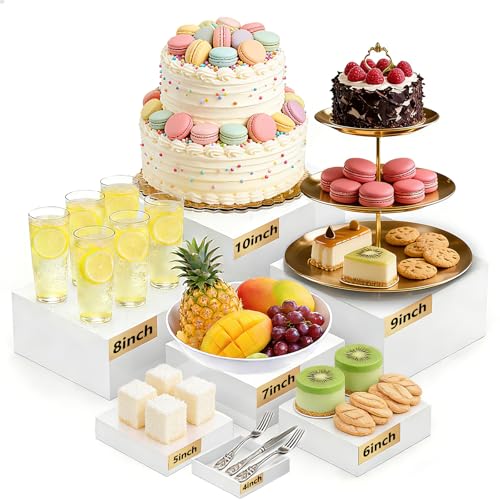 7PCS Buffet Risers Acrylic, 10" to 4" Large Tiered Display Stands for Desserts, Jewelry & Collectibles - Hollow Nesting, Easy Storage - Sturdy White Display Riser for Party, Wedding & Retail Counter - color: 7PCS White