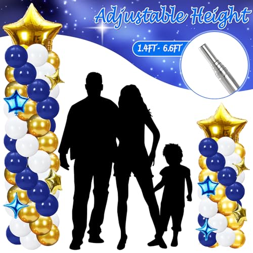 Gejoy 110 Pcs Blue Gold Balloons Column Stand Kit Adjustable Tower Stand from 1.4 to 6.6 ft with Bases for Back to School Wedding Birthday Baby Shower Party - color: Blue Gold