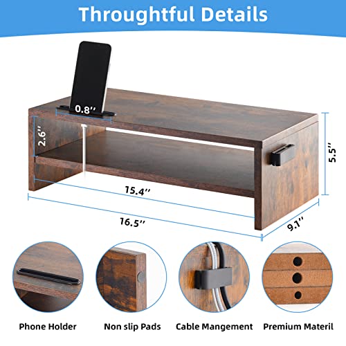 Marbrasse 16.5 Inch Monitor Stand, 2 Tier Computer Monitor Riser with Printer Shelf, Laptop Computer Screen Storage, Desktop Stand - Phone Holder & Cable Management (Vintage) - color: Vintage