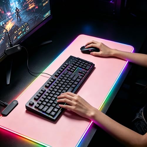 Lomiluskr RGB Large Gaming Mouse Pad, Extended Mouse Pad with 12 Lighting Effects, Water Proof Mutispandex Surface, Non-Slip Rubber Base, 80x30 cm / 31.5×11.8 in (Pink) - color: Pink