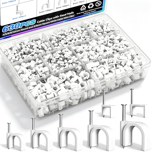 mxuteuk 630PCS Cable Clips with Steel Nails,4/5/6/8/10mm Round and 5/6mm Square White Cable Wire Clips,Wall Clips for Cords,Cable Cord Clips for RG6 RG59 CAT6 RJ45 - color: White-630PCS 4/5/6/8/10mm