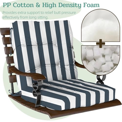 Outdoor Chair Cushions Set of 2, 42x21x4 Inch Patio Cushion for Dining/Rocking Chairs, High Back Soft Seat Pad with Ties, Fade-Resistant & Waterproof, Dark Blue White Stripes - color: Dark Blue White Stripes