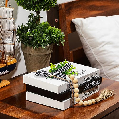 Capoda 3 Pcs Decorative Books for Home Decor Farmhouse Faux Stacked Books Wooden Rustic Table Decor with Bead Garland Twine Ribbon Faux Leaf for Table(Blessed) - style: Blessed
