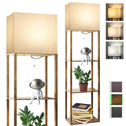 RUNTOP Plus Floor Lamp with Shelves, Modern Shelf Floor Lamp with 15W 3CCT LED Bulb and Memory Function, Wide Shelf Lamp for Display Storage, Standing Lamps for Living Room, Bedroom, Office, Corner - color: Plus- Brown