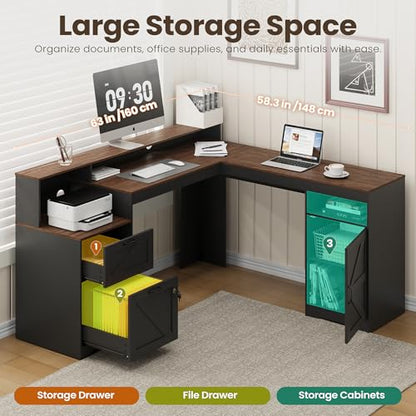 MALOL 63" Farmhouse L Shaped Executive Desk, Corner Computer Desk with Drawers & Storage Shelf, Home Office Desk with Power Outlet, Monitor Stand, Wood Grain Desktop, Black & Rustic Brown