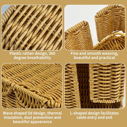 2 Pack Scalloped Edge Cable Management Box Handmade, Plastic Rattan Cable Organizer Box to Hide Wires, Under Desk Cord Organizer for Home TV Wires Computer Router USB Hub Strips (2 Open Slots)