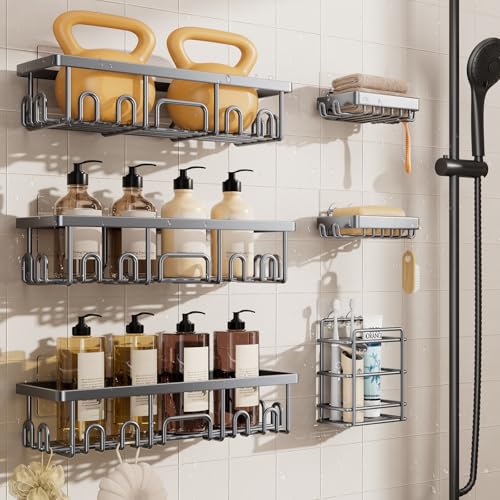 Veken Shower Caddy 6-Pack, No Drilling & Rustproof, Waterproof Adhesive Shelves Rack with Soap Holder, Large Capacity Bathroom Organizers and Storage, Wall-Mounted Kitchen & Home Decor, Silver Gray - color: Silver Gray