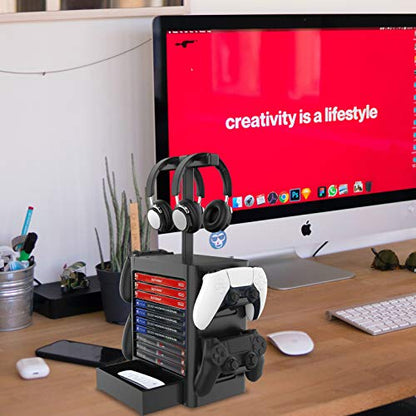 Multifunctional Game Disk Storage Tower Holder,Game Disk Rack and Controller/Headset Stand Holder Compatible with Xbox Series X/Nintendo Switch/PS5/PS4 - color: black