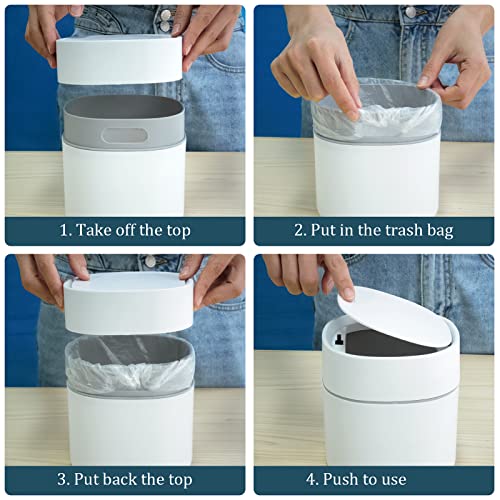 Mini Desk Trash Can with Lid with Trash Bags 180 pcs Press-Top 0.5 Gallon Tiny Countertop Waste Basket Small Table Top Plastic Covered Garbage Bin for Desk Top - color: White