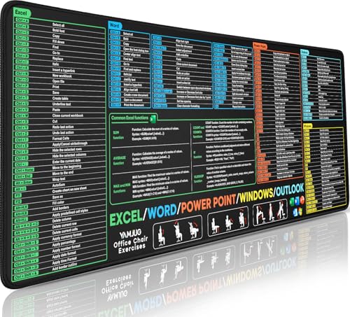 Excel Cheat Sheet Desk Pad, Large Desk Mat with Over 150 Shortcuts | Excel/Word/PowerPoint/Windows/Outlook Mouse pad, Non-Slip and Stitched Edge, 31.5 x 11.8in