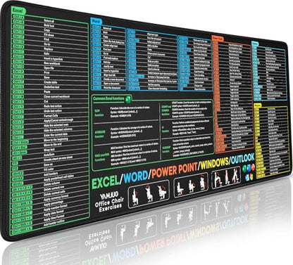 Excel Cheat Sheet Desk Pad, Large Desk Mat with Over 150 Shortcuts | Excel/Word/PowerPoint/Windows/Outlook Mouse pad, Non-Slip and Stitched Edge, 31.5 x 11.8in