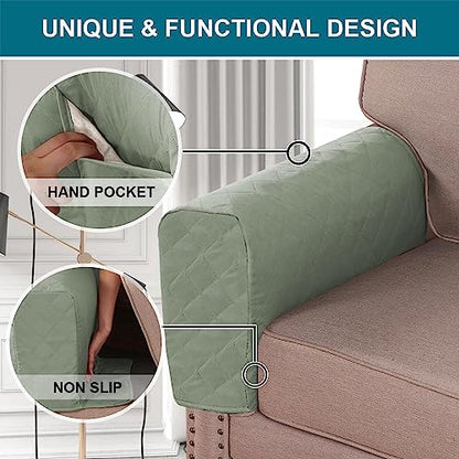 Turquoize 2 Pack Waterproof Armrest Covers for Chairs and Sofas - Couch Arm Covers with Side Pocket Anti-Slip Furniture Protector Washable Slipcovers Set of 2, Sage - color: Single Diamond- Sage
