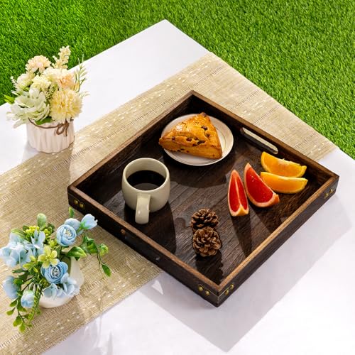 Serving Tray with Handles,12.75"*12.75"Wood Decorative Tray for Living Room,Modern Coffee Table Tray,Square Large Serving Platters for Home Decor,Ottoman,Bed,Kitchen,Bathroom, Breakfast,Bar - size: 13" x 13" x 1.8"