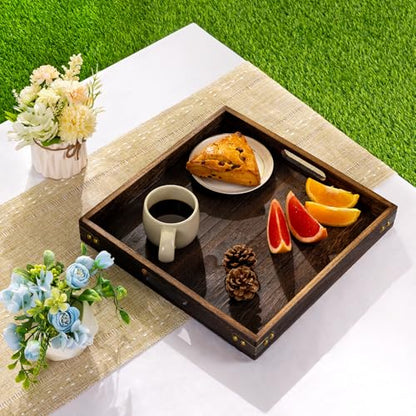 Serving Tray with Handles,12.75"*12.75"Wood Decorative Tray for Living Room,Modern Coffee Table Tray,Square Large Serving Platters for Home Decor,Ottoman,Bed,Kitchen,Bathroom, Breakfast,Bar - size: 13" x 13" x 1.8"