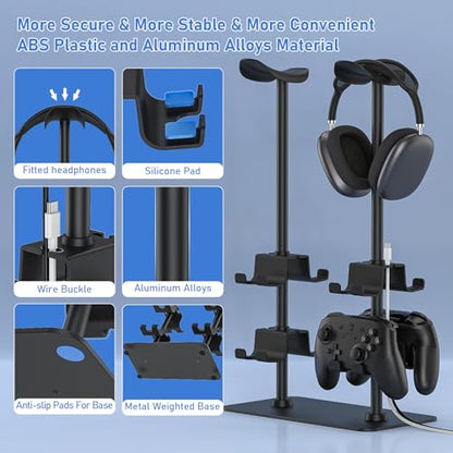 MANMUVIMO Headset Stand Controller Holder for 2 Headset and 8 Controller, Headphone Stand Gaming Controller Holder for PS5 Xbox Airpods Beats Bose, Gaming Room Accessories, Gamer Gifts for Men - size: 2 Headphone 8 Controller Holder Black