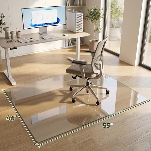 Tempered Glass Chair Mat for Hardwood Floor, 46" x 55" Heavy Duty Glass Office Chair Mat, for Low Pile Carpet, 0.2" Thick with 4 Non-Slip Pads, Smooth Rolling for Home & Office - size: 46" x 55"