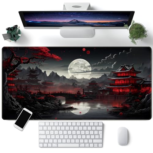 Japanese Desk Mat Riverside Full Moon Desk Pad Black Red Large Mouse Pad Gaming Mousepad Extended XXL Keyboard Pad 31.5 x 15.7 in Laptop Computer Mouse Keyboard Mat for Office Desk Decor - color: A Full Moon