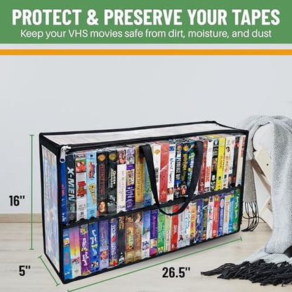 Evelots 4 Pack-VHS Movie Tape Storage Bag/Case, Clear PVC Plastic-Holds 200 Total, Strong Handles-No Dirt/Moisture/Dust - size: 4-Pack (Holds 200), style: Vhs Storage Bag