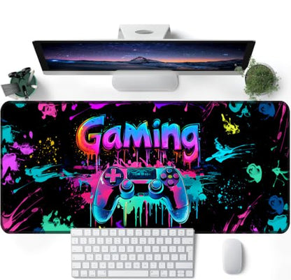Gaming Mouse Pad, X-Large Waterproof Blacklight Colorful Splatter Art Game Controller Non-Slip Rubber Base Mousemat, Glow in the Dark Desk Mat for Office Home - 31.5 x 11.8 inches - color: Gamer A