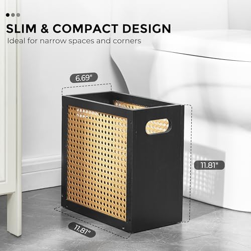 TIOPGHAD 3-Gallon Small Rattan Wicker Waste Basket Trash Can, Black & Oak | Bamboo Frame with Handles, 11.8x6.7x11.8 inches, Waterproof Coating, Ideal for Bathroom, Office and Bedroom - color: Black&Oak