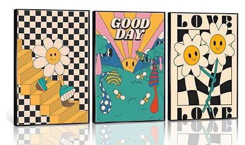 3Pcs Hippie Wall Art Retro Minimalist Black and White Checkered Posters Wall Decor Whimsical Cartoon Flower Boho Canvas Paintings Prints Suitable for Children's Rooms Bedrooms Living Room Decoration Unframed - color: black white yellow, size: 12 in x 16 i