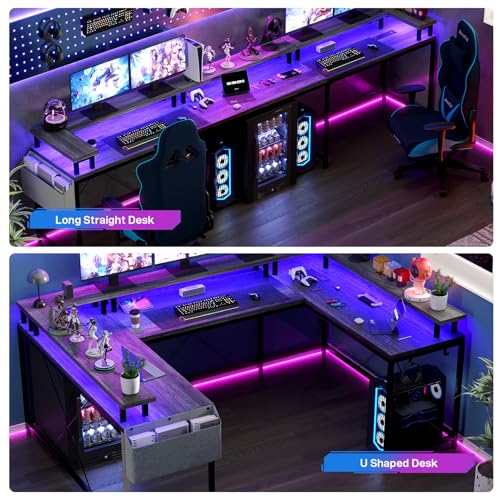 U Shaped Desk with Power Outlet & LED Lights, 79" Reversible Computer Desk with Monitor Stand, Wood Home Office Desks Gaming Desk with Shelving, Side Storage Pockets,Grey - color: Grey Oak