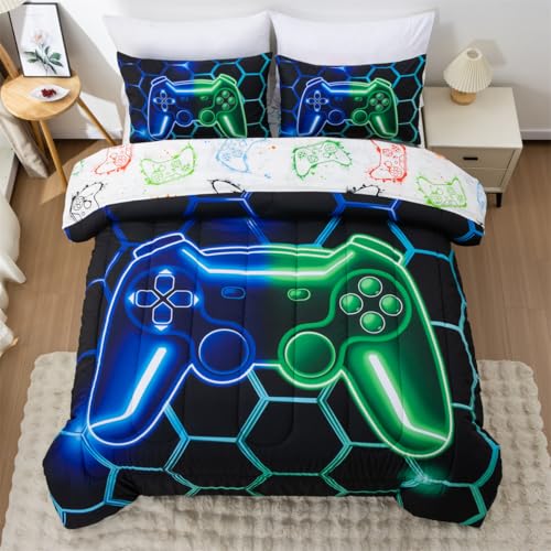 NTBED Game Console Comforter Set for Boys Girls Kids 3D Gaming Geometric Lightweight Microfiber Gamer Bedding Sets (Blue Green, Twin 5Pcs) - color: Blue Green, size: Twin