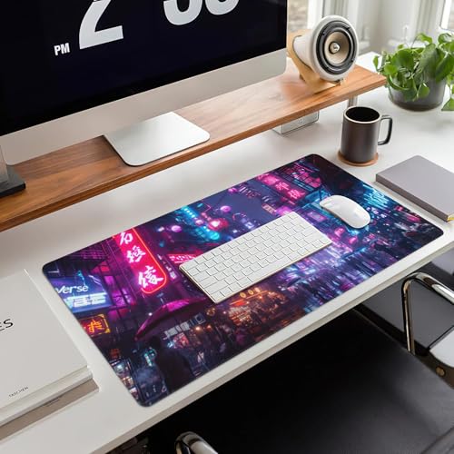 Desk Mat,Cyberpunk Neon City Large Gaming Mouse Pad for Desk XXL,Futuristic Night Street Desk Pad,Extended Big Computer Keyboard Mouse Pad with Non-Slip Base and Stitched Edge 35.4"x15.7" - color: Cyberpunk Neon City, size: XXL-35.4"x15.7"