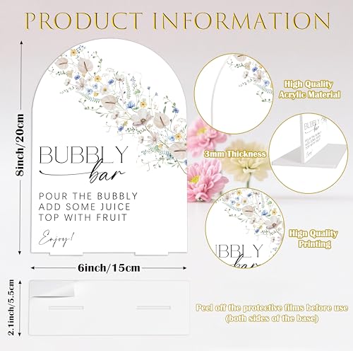 Bubbly Bar Sign Arch Acrylic Wedding Sign, Mimosa Bar Supplies, Wild Flower Bridal Shower Decorations, 6x8" Floral Table Signs for Wedding Reception Bachelorette Engagement Party Decor - color: Bubbly Bar