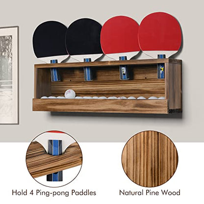 Ping Pong Paddle Storage Rack - Table Tennis Racket Display Wall Mounted Holder for 4 Paddles and Balls in Bar, Game Room, Office Break Room, Garage, Bedroom, Home - Rustic Burnt