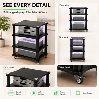 4-Tier AV Media Stand with LED Lights, Heavy Duty Mobile Stereo Cabinet Stand with Wheels, Wooden Stereo Rack, Audio Rack Furniture Perfect for DVD Player/Game Console (with Lights, 4 Tier) - color: With Lights, size: 4 Tier